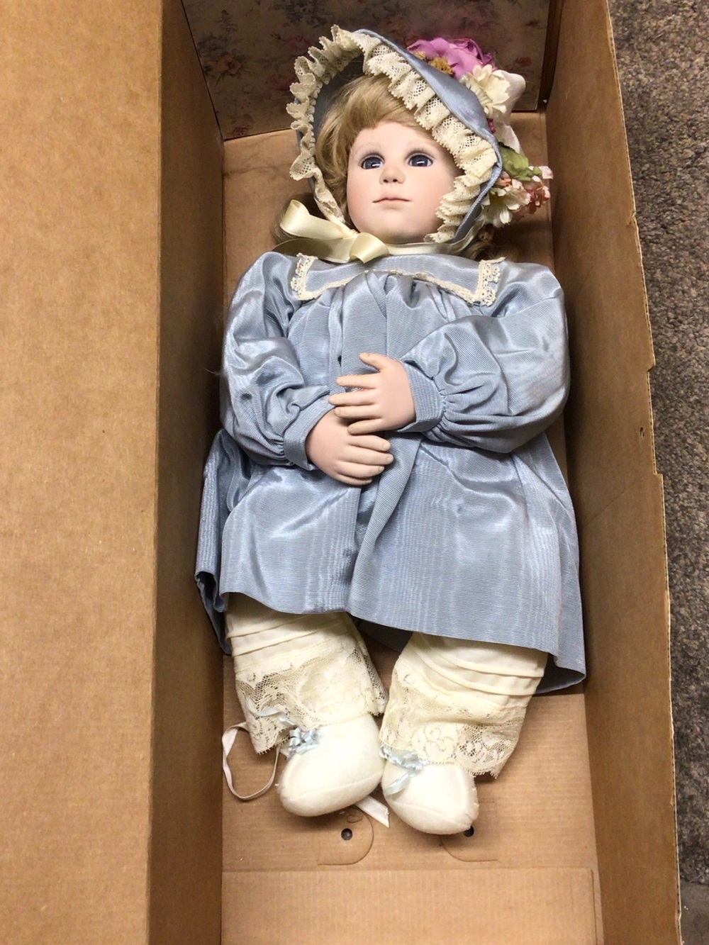 Porcelain Collectible Doll in Blue Dress with Lace Bonnet